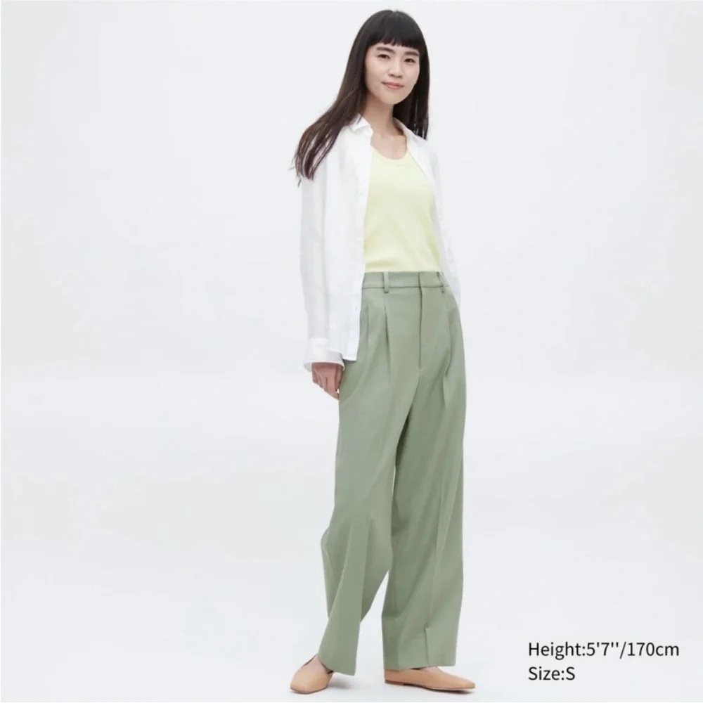 Uniqlo Light Green Pleated Wide Pants Trousers Dress Pants - Picture 2 of 6
